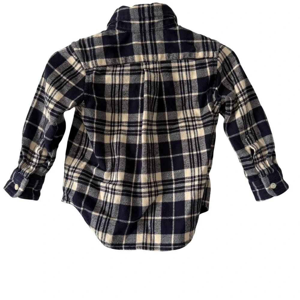 Ralph Lauren Boys Navy Blue Cream Plaid Flannel Button Down Shirt 18M